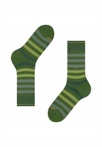 Calzini a righe verdi con strisce alternate di verde chiaro e scuro e dettagli grigi. Realizzati in un tessuto morbido e elasticizzato per garantire comfort.