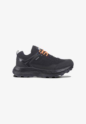 Black athletic shoes with a textured upper, orange laces, and a thick, rugged sole. Features a sleek design and waterproof detailing.