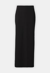 Schwarzer gerippter Maxirock mit hoher Taille und geradem Schnitt. Mit glatter Textur und ohne sichtbare Hardware oder Muster.