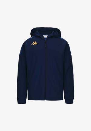 Felpa con zip blu navy realizzata in tessuto morbido, con un logo dorato sul petto e accenti blu sulle spalle. Include un cappuccio con cordino.