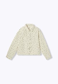 Veste beige clair avec de petites imprimés floraux sombres, col, dotée de boutons et de deux poches. Le tissu semble texturé et décontracté.