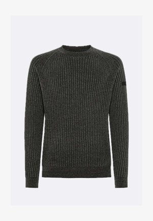 Maglione a coste in maglia grigio scuro con maniche lunghe, scollo tondo e polsini aderenti, mostrato su uno sfondo chiaro uniforme.