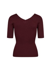 Top en maille côtelée à manches courtes de couleur bordeaux foncé avec un col en V festonné et une taille cintrée.
