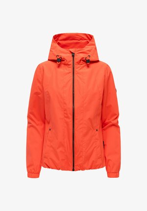 Jasnopomarańczowa kurtka z kapturem, z przednim zamkiem błyskawicznym, regulowanymi sznurkami kaptura, elastycznymi mankietami oraz bocznymi kieszeniami, prezentowana na białym tle.