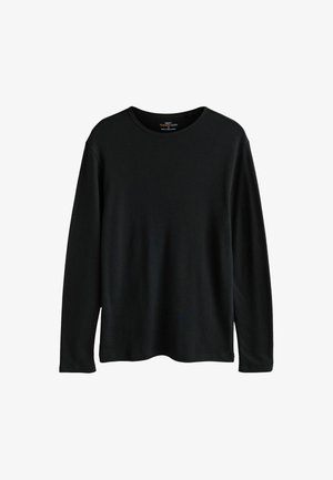 Černé tričko s dlouhým rukávem a kulatým výstřihem. Vyrobené z žebrované pleteniny, má volný střih a žádné viditelné vzory ani zdobení.