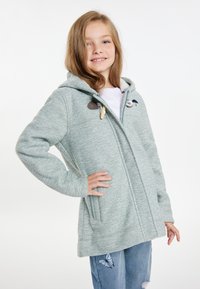 Ljusgrön huvjacka i strukturerad tyg, med dragkedjestängning, sidofickor och en liten broderad design på bröstet.