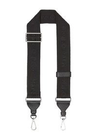 Schwarzer verstellbarer Riemen aus gewebtem Stoff mit eingeprägtem Logo, Lederakzenten und metallischen Clipverschlüssen an jedem Ende.