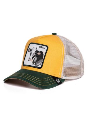 Cappellino trucker giallo e verde con retro in rete, caratterizzato da una patch grafica di una mucca e il testo "CASH", cuciture in contrasto e visiera curva.