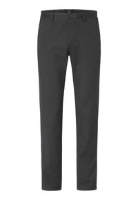 Gray trousers made of textured fabric. Straight-leg design, featuring a button closure, belt loops, and pockets on the front and back.
