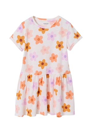Weißes kurzärmeliges Kleid mit orangefarbenen, pinken und violetten Blumenmustern und einem gerafften Rockteil.