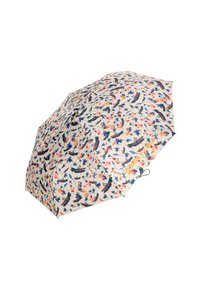 Kompaktowy parasol z kremowym tłem i kolorowym wzorem owadów oraz ptaków, z nazwą marki "BIMBA Y LOLA" w pomarańczowych literach.