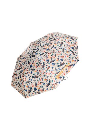 Paraguas compacto con un fondo crema y un colorido patrón de insectos y aves, con el nombre de la marca "BIMBA Y LOLA" en letras naranjas.