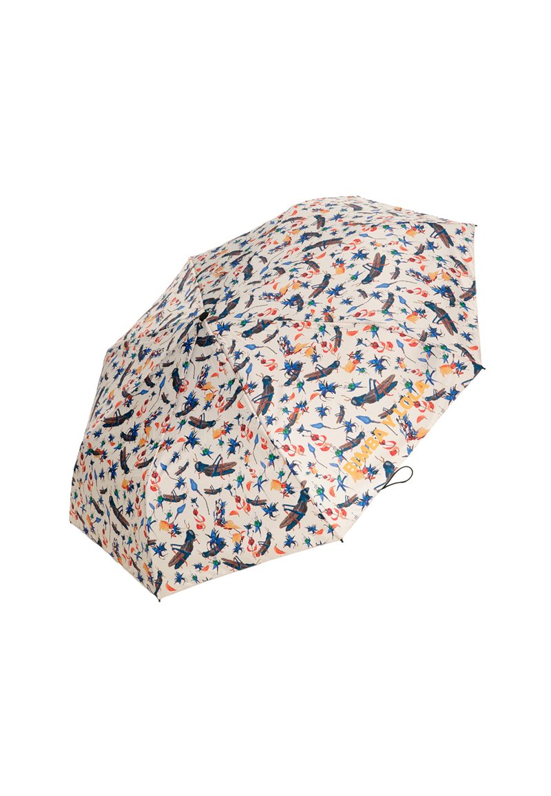 Kompaktowy parasol z kremowym tłem i kolorowym wzorem owadów oraz ptaków, z nazwą marki "BIMBA Y LOLA" w pomarańczowych literach.