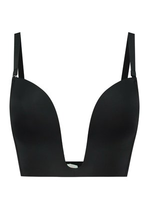 Schwarzer BH mit tiefem Ausschnitt, nahtlosen Cups, verstellbaren Trägern und einer glatten Stofftextur. Minimale Hardware mit klaren Linien.