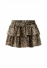 Leopardmuster-Rock mit Stufen und elastischem Bund. Verfügt über mehrere Rüschen in Brauntönen und Creme, aus leichtem Stoff gefertigt.