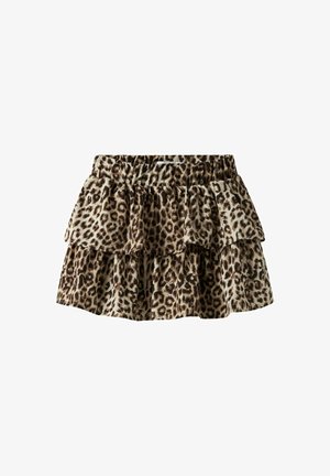 Leopardprint tiered rok met een elastische tailleband. Het heeft meerdere ruffles in bruine en crèmekleurige tinten, gemaakt van lichtgewicht stof.