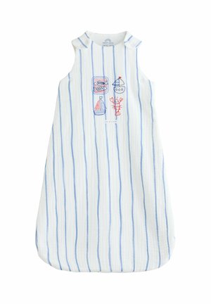 Weißer Babyschlafsack mit blauen vertikalen Streifen, bestickt mit roten und blauen nautischen Motiven von Booten, Fischen und einem Hummer.