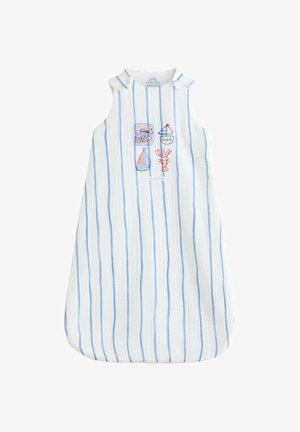 Weißer Babyschlafsack mit blauen vertikalen Streifen, bestickt mit roten und blauen nautischen Motiven von Booten, Fischen und einem Hummer.