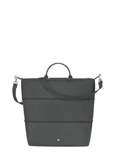 Gray tote bag made of durable material, featuring a structured design, dual handles, a long shoulder strap, and subtle branding detail.