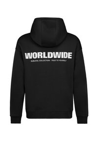 Black hoodie featuring a large white printed text on the back stating "WORLDWIDE," with additional text, ribbed cuffs, and a hood.