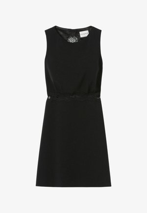 Vestido negro sin mangas con ribete de encaje en la cintura y detalle de encaje en el escote, hasta la rodilla, de tela suave.