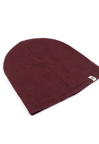 Burgundy knit beanie, soft texture, rounded crown, slight slouch at top, features small tag on side, simple and unobtrusive design.