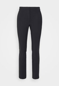 Pantalon noir cintré avec une texture lisse, coupe droite, poche avant discrète et waistband plat pour une apparence élégante.