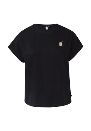 T-shirt en coton noir à manches courtes, avec un petit motif brodé d'un carton de boisson avec une paille sur la poitrine gauche.