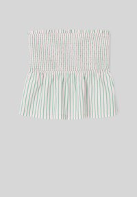 Top sans bretelles avec un corsage smocké. Fabriqué en tissu léger avec des rayures verticales roses et vertes. Détail de ourlet froncé.