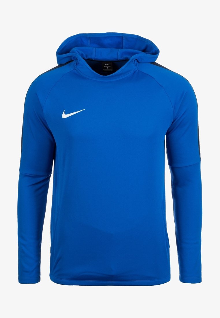 Sweat à capuche Nike bleu à manches longues avec bandes noires sur les épaules et logo Nike swoosh blanc sur la poitrine, présenté sur un fond blanc uni.