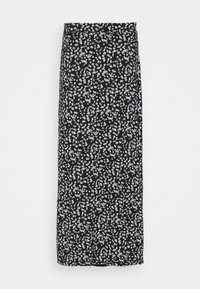 Zwarte bloemen midi rok gemaakt van lichtgewicht stof, met een patroon van kleine witte bloemen, met een rechte silhouet en een elastische tailleband.