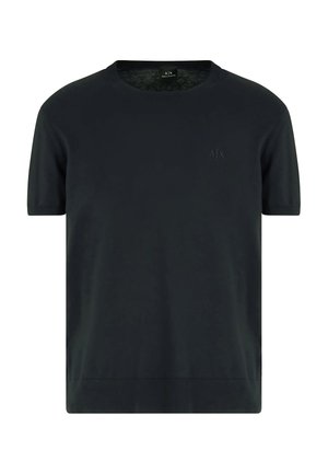 T-shirt nera scura a maniche corte realizzata in tessuto morbido. Presenta un colletto a girocollo e un discreto dettaglio del logo sul petto. Texture liscia.