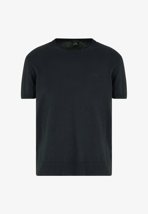 T-shirt nera scura a maniche corte realizzata in tessuto morbido. Presenta un colletto a girocollo e un discreto dettaglio del logo sul petto. Texture liscia.