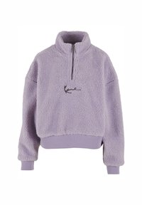 Fleece pullover in lavendel met een halve rits kraag, geribbelde zoom en boorden, met een zwart geborduurd logo op de voorkant.