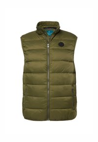 Olivově zelená prošívaná vesta s vysokým límcem, dvěma bočními kapsami na zip, předním zapínáním na zip a černým kruhovým logem jako akcent.