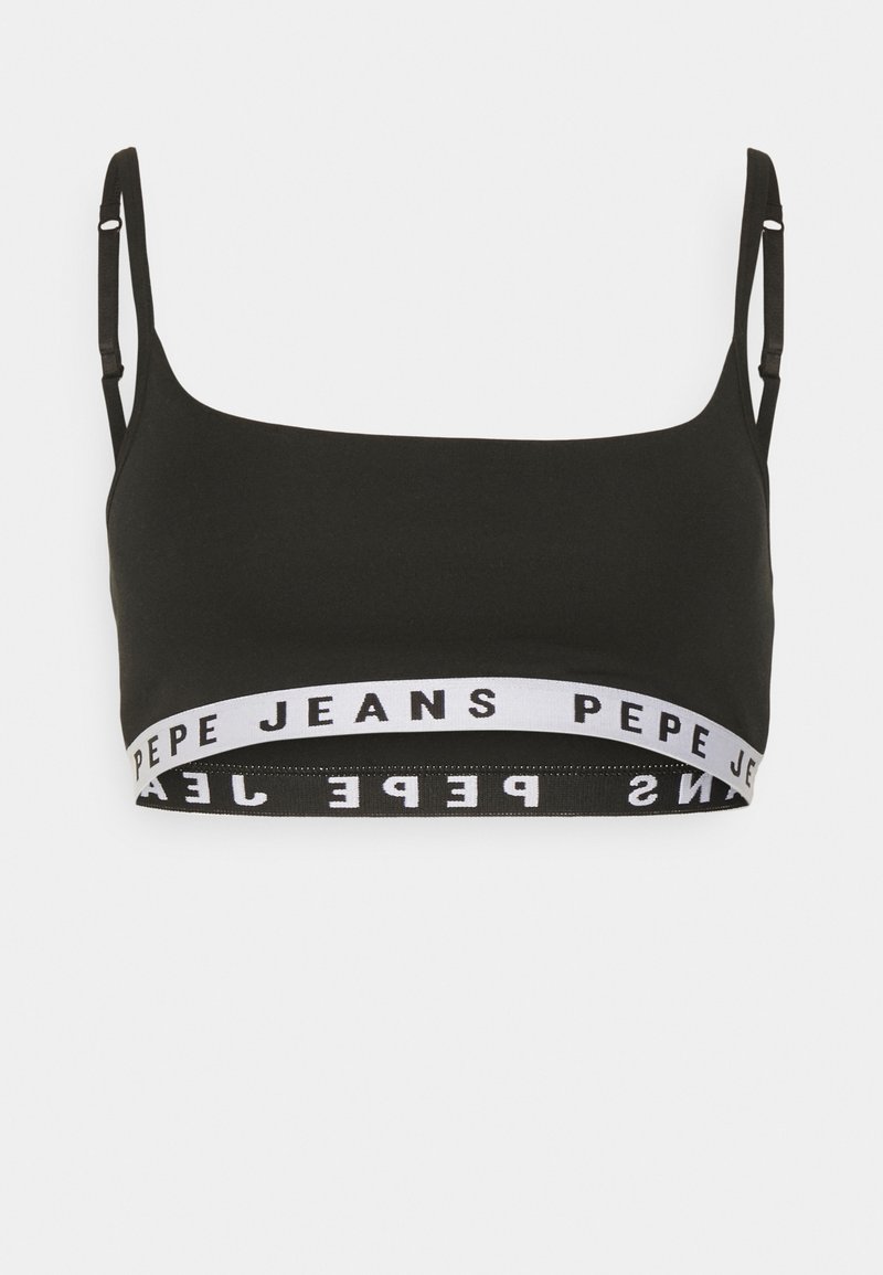 Soutien-gorge noir avec bretelles réglables, texture lisse et une taille blanche affichant "PEPE JEANS" en lettres noires.
