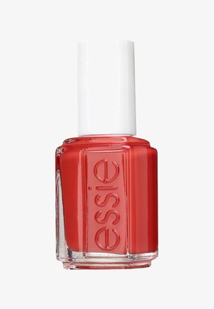 Red nail polish in a square glass bottle, featuring a cylindrical white cap. The label displays “essie” embossed on the side.
