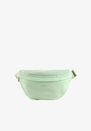Sac banane vert clair en tissu doux. Forme arrondie avec une fermeture éclair et un marquage discret. Sangle ajustable assortie.