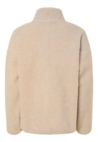 Veste polaire beige avec un col montant, des manches longues et une surface douce et texturée vue de dos.