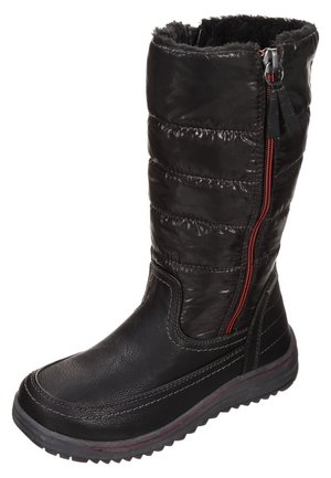 Bottes d'hiver noires avec un tige matelassée, en cuir lisse et matériaux synthétiques, fermeture éclair sur le côté en rouge, et semelle en caoutchouc texturé pour une bonne adhérence.