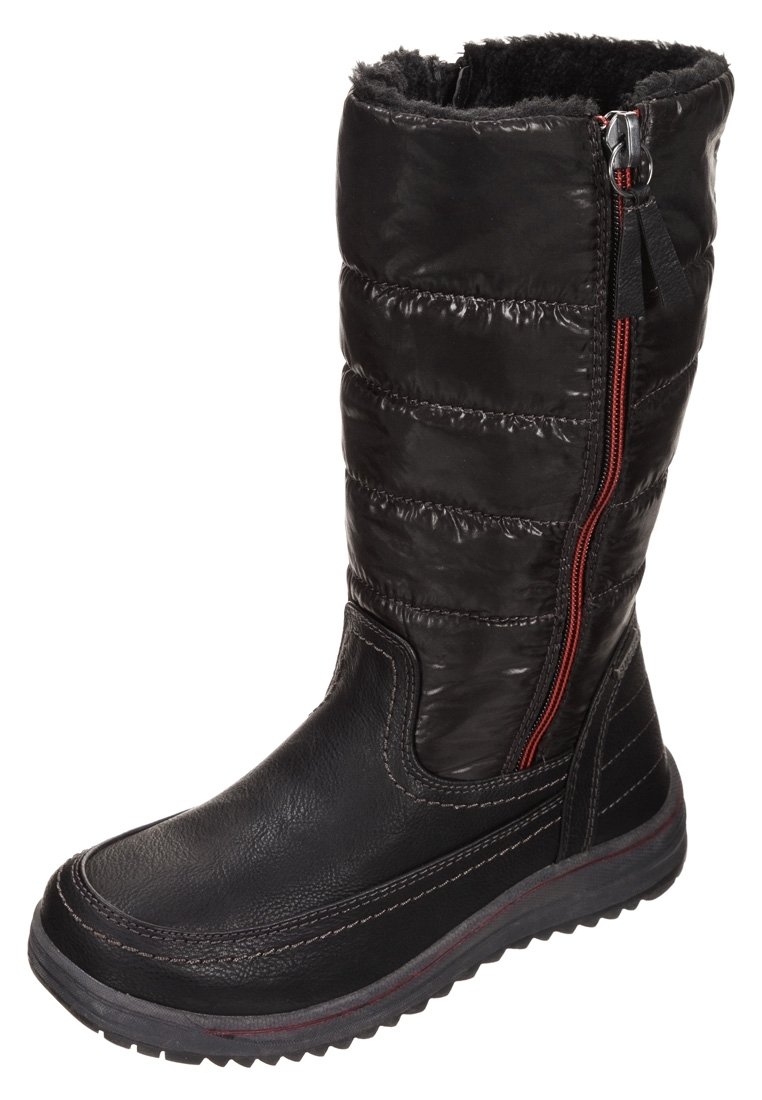 Černé zimní boty s prošívaným svrškem, hladkou kůží a syntetickými materiály, boční zip v červené barvě a strukturovaná gumová podrážka pro lepší trakci.