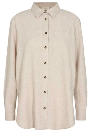 Light beige button-up shirt made of linen, featuring a pointed collar, long sleeves, a single chest pocket, and dark button accents.
