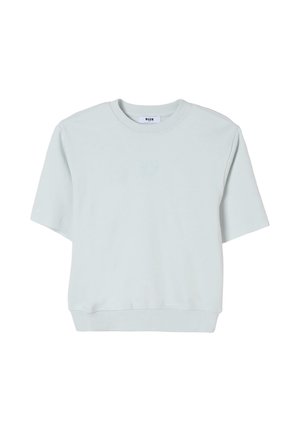 Felpa a maniche corte grigio chiaro con scollo rotondo, orlo a coste e discreto logo del marchio in rilievo sul petto.