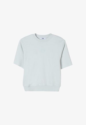 Felpa a maniche corte grigio chiaro con scollo rotondo, orlo a coste e discreto logo del marchio in rilievo sul petto.