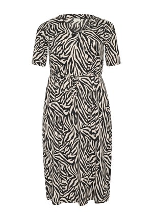 Rochie cu mânecă scurtă, cu imprimeu zebra alb-negru, având decolteu în V și talie ajustabilă cu șnur. Siluetă în formă de A, cu tiv până la genunchi.