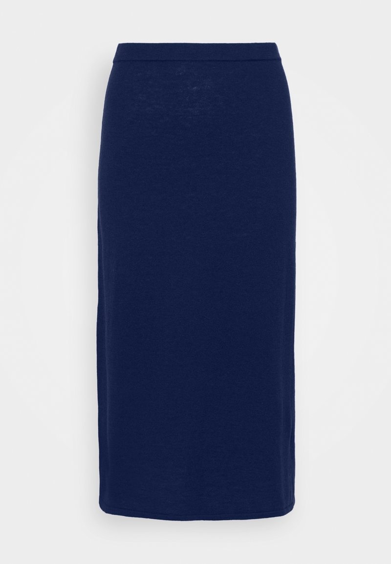 Jupe crayon bleu marine longueur genou, coupe droite et taille simple, présentée sur fond blanc uni.