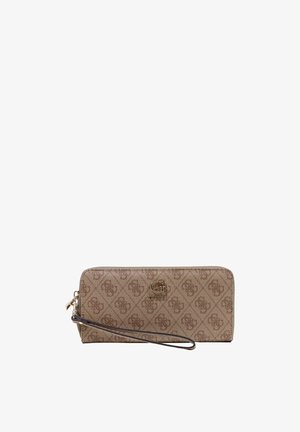 Braune gemusterte Reißverschluss-Handgelenktasche mit goldenem G-Logo und abnehmbarem Riemen auf weißem Hintergrund.