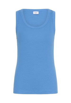 Lichtblauw geribbelde tanktop met een ronde halslijn en brede schouderbanden, met een eenvoudig, aangesloten ontwerp en geen zichtbare patronen.