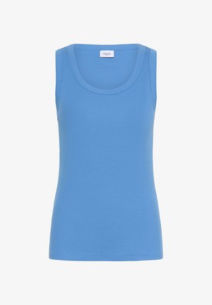 Svetlomodrý rebrovaný top bez rukávov s okrúhlym výstrihom a širokými ramienkami, ktorý má jednoduchý, priliehavý strih a bez viditeľných vzorov.