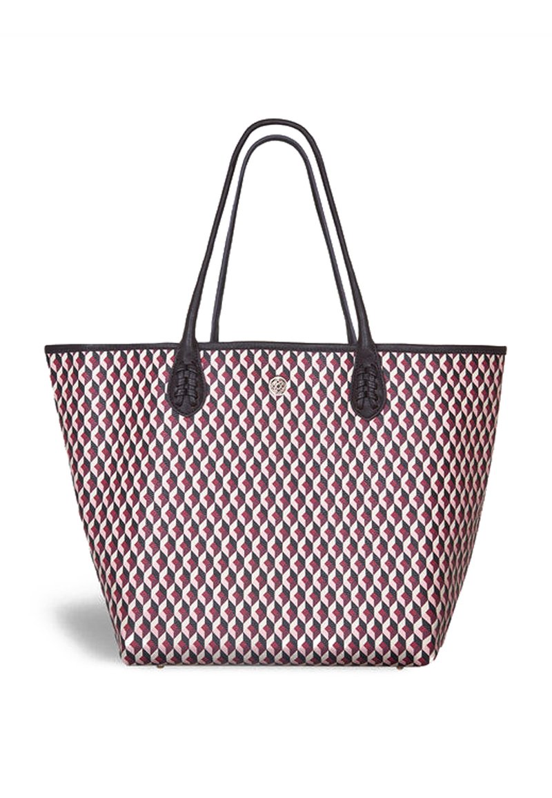 Patterned tote bag with a geometric design in red, white, and navy. Features two long handles and textured accents on the base.